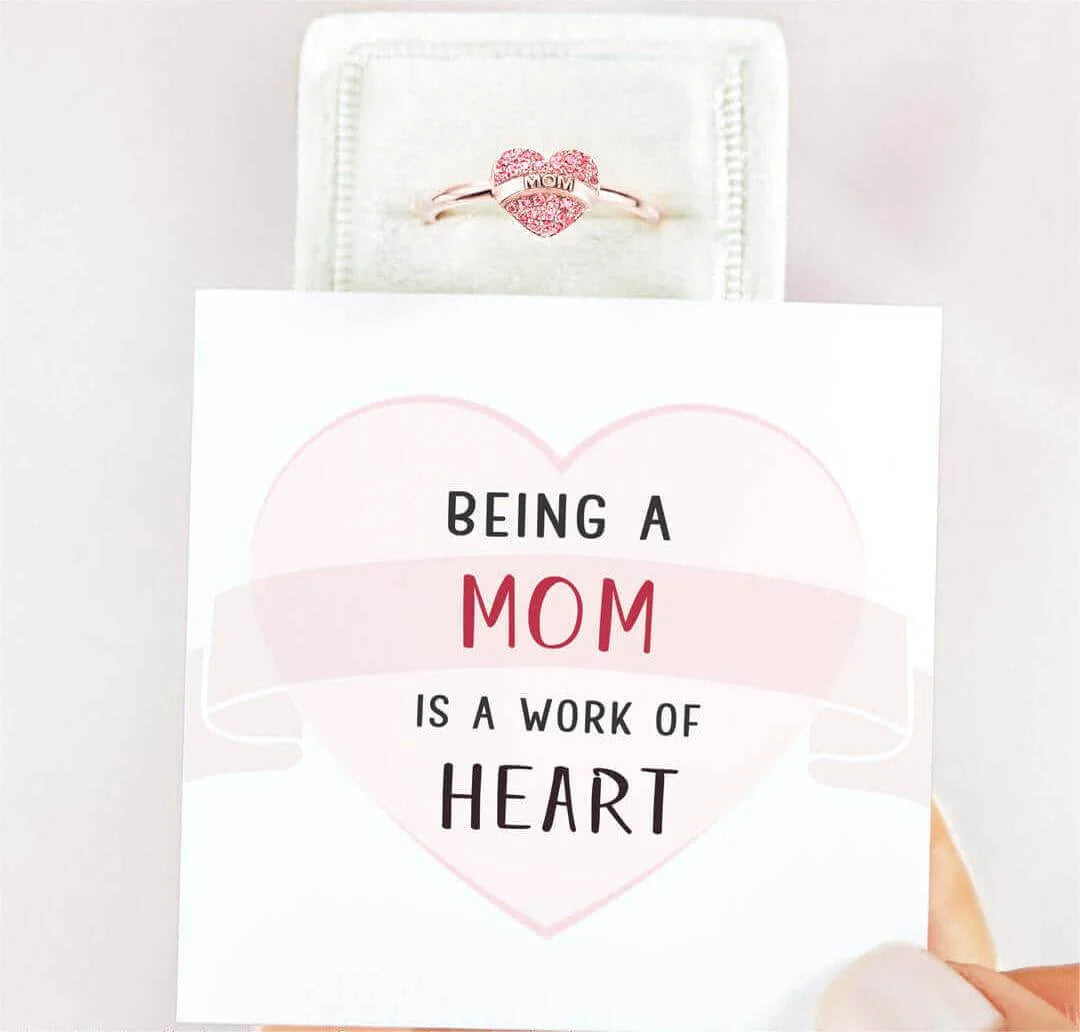 BEING A MOM IS A WORK OF HEART PAVÉ MOM HEART RING